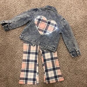 Little Lass Blue Denim Jacket with Plaid Pants